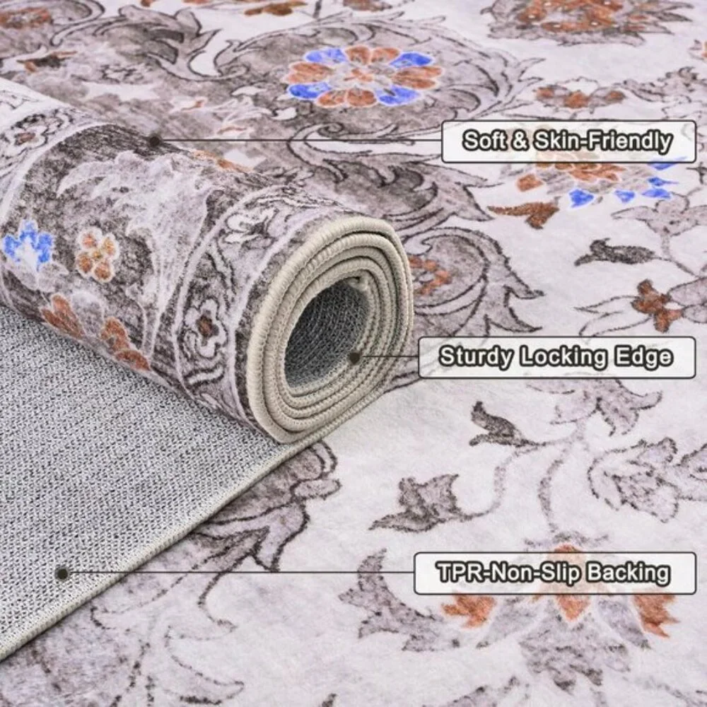 4x6 Washable Area Rug, Soft Low Pile Non-Slip Vintage Carpet for Home & Office